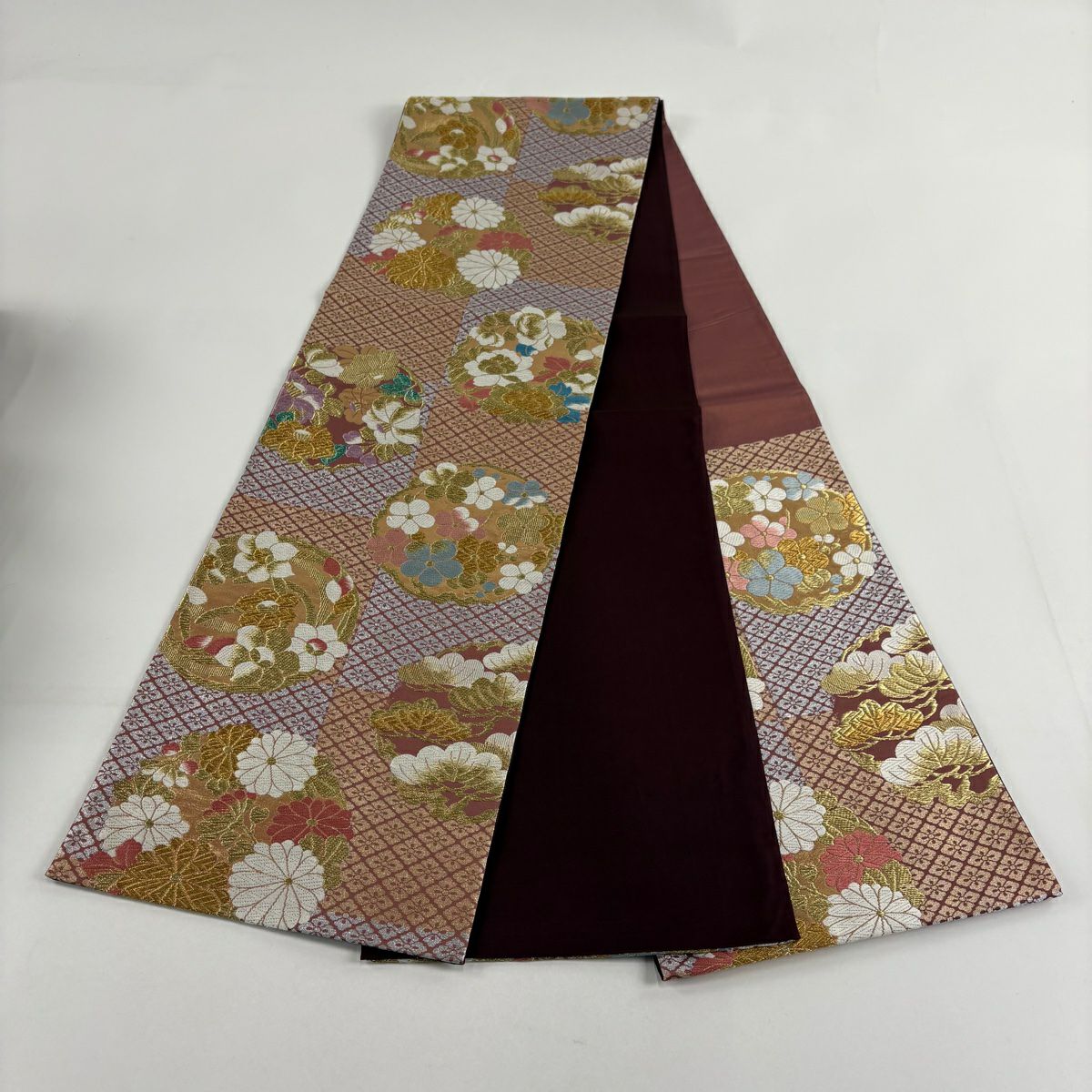 袋帶 秀品級 花丸紋 花菱 金絲 金金箔 小豆 深藍 六通 純蠶絲
