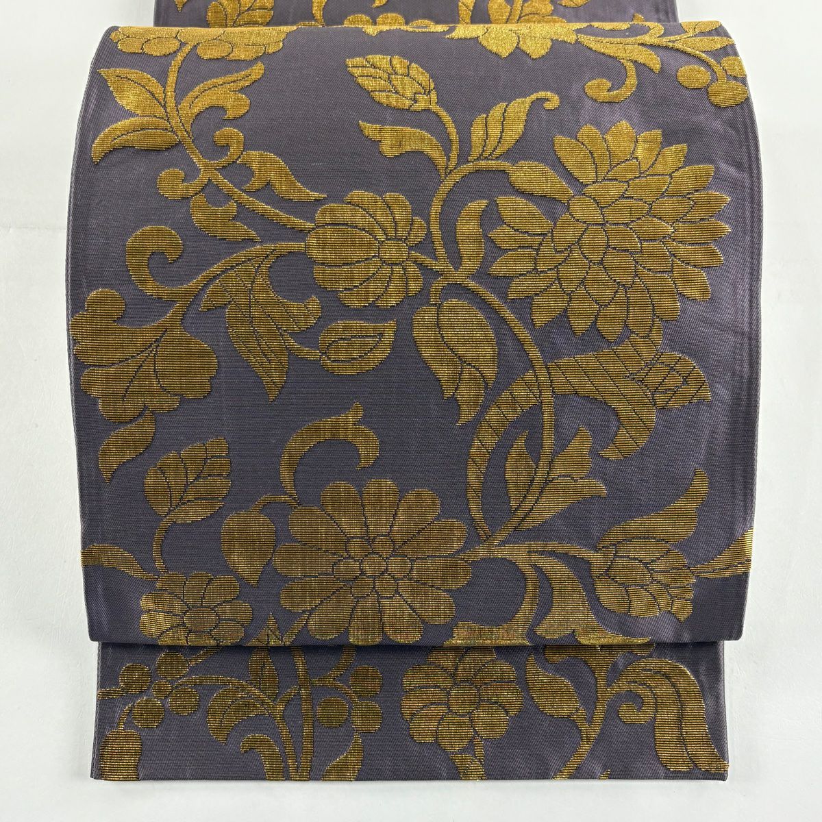 【美品】 袋帶 秀品級 綾錦金金箔天鵞絨 花唐草紋 金金箔 紫 六通 純蠶絲