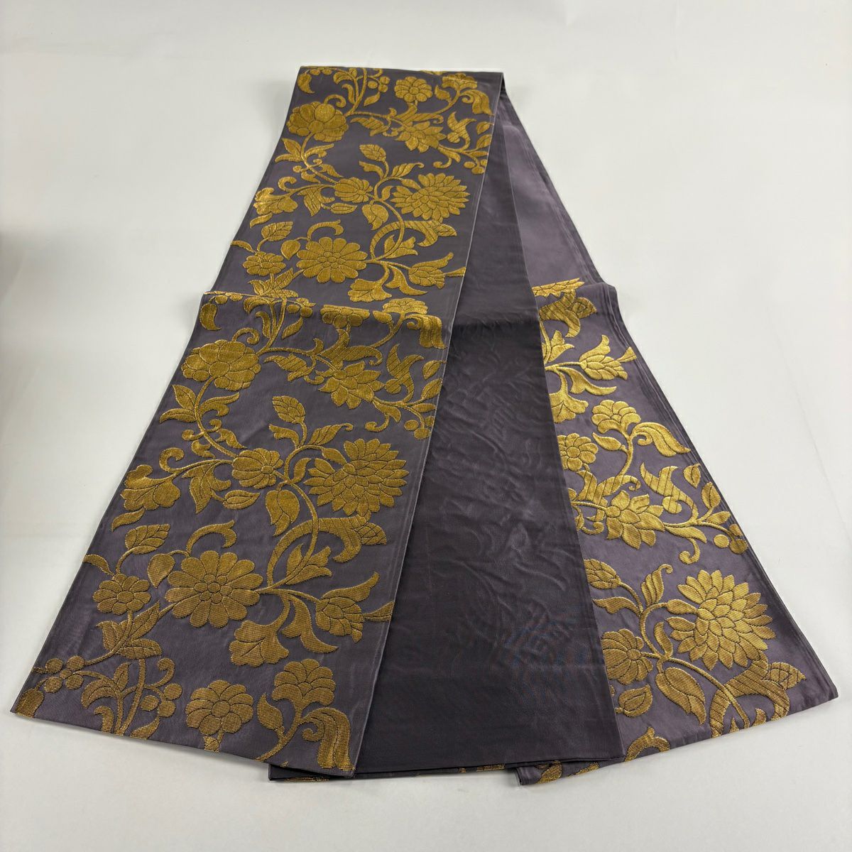 【美品】 袋帶 秀品級 綾錦金金箔天鵞絨 花唐草紋 金金箔 紫 六通 純蠶絲