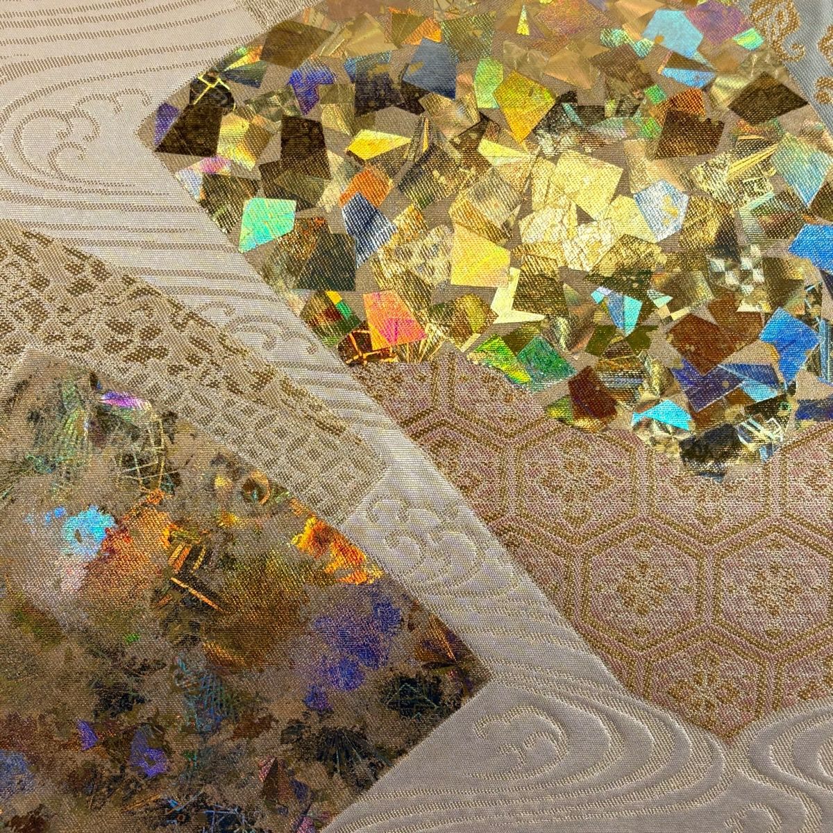 袋帶 秀品級 金金箔散佈 水流 金金箔 米色 大鼓圖案 純蠶絲