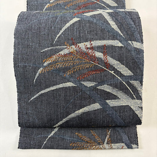 【美品】 名古屋帶 秀品級 八寸名古屋帶 稻穗 深藍 純蠶絲