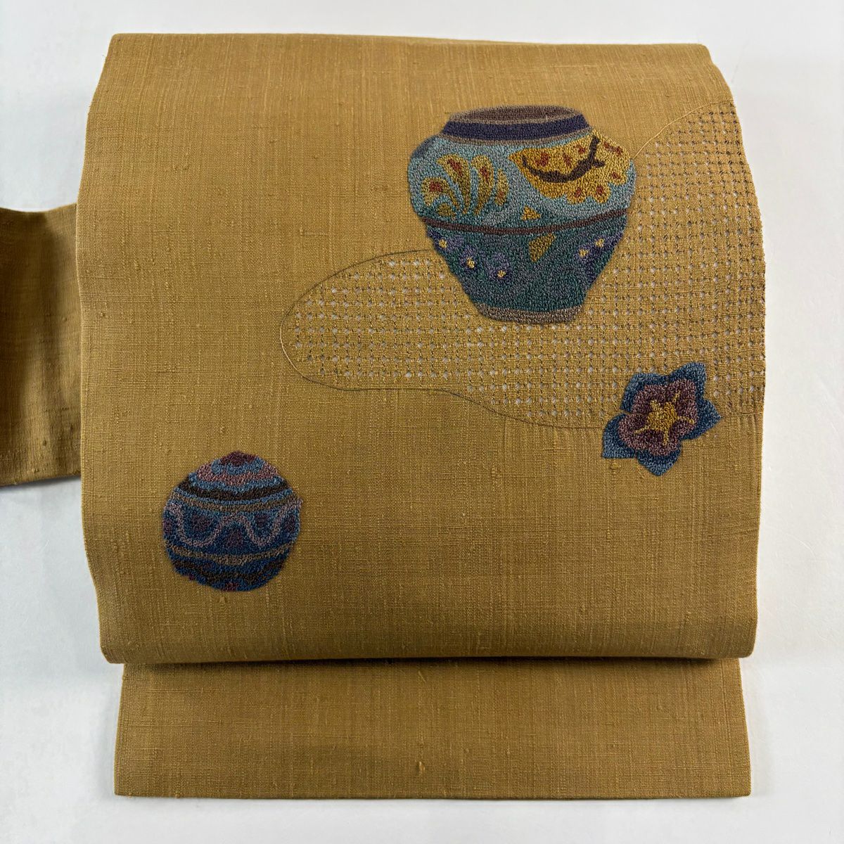名古屋帶 秀品級 紬織織 花 器物紋 刺繡 黃土 純蠶絲