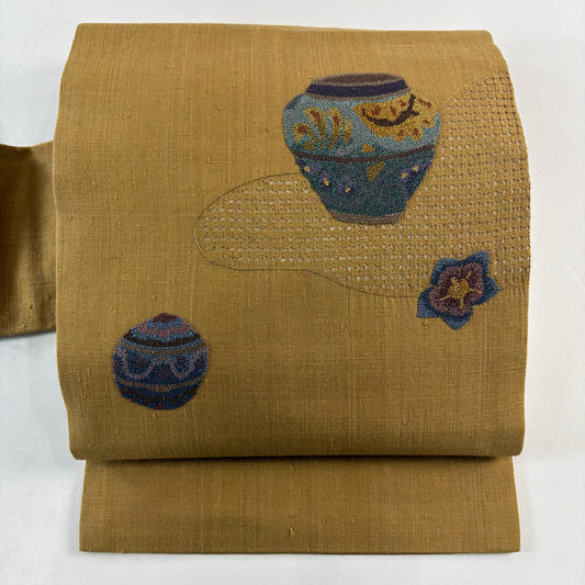 名古屋帶 秀品級 紬織織 花 器物紋 刺繡 黃土 純蠶絲