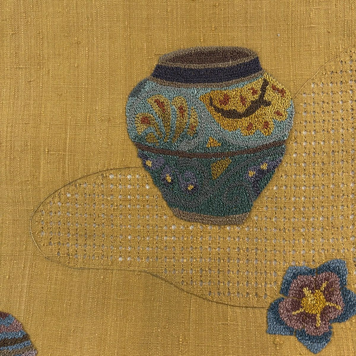 名古屋帶 秀品級 紬織織 花 器物紋 刺繡 黃土 純蠶絲
