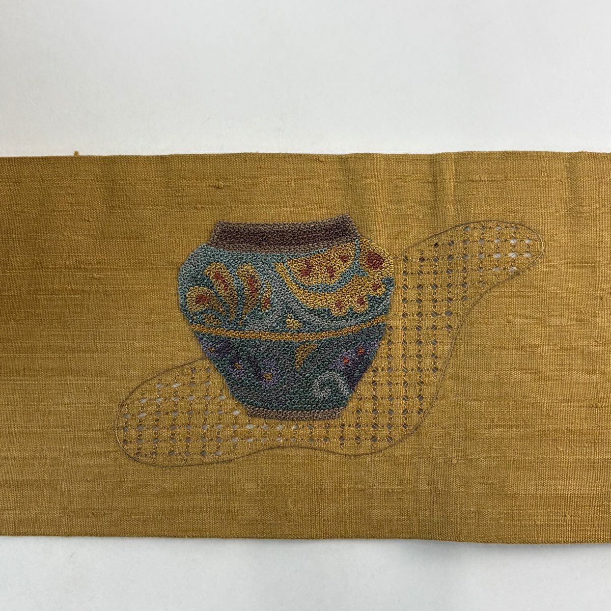 名古屋帶 秀品級 紬織織 花 器物紋 刺繡 黃土 純蠶絲