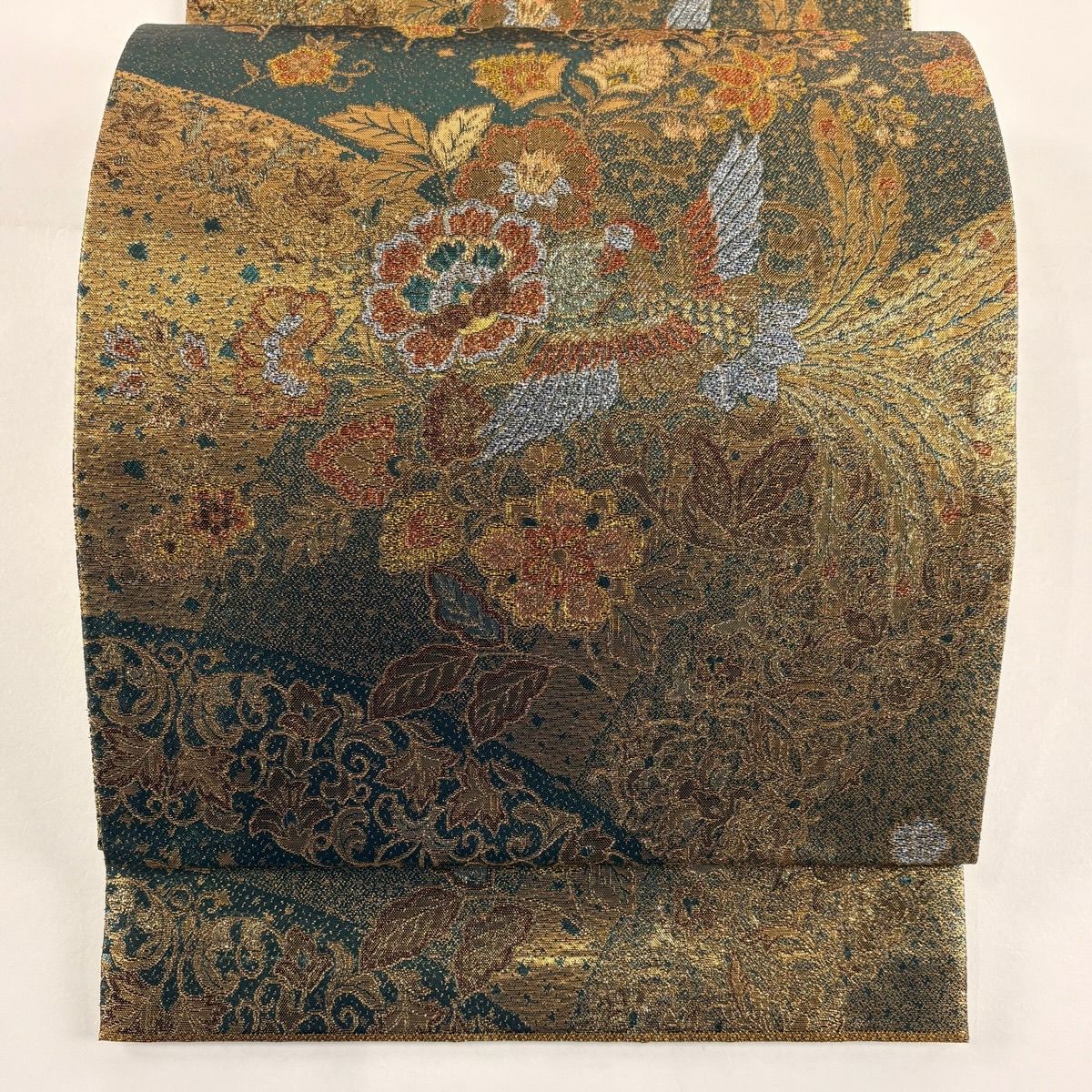 【美品】 袋帶 秀品級 更紗 金金箔 金色 六通 純蠶絲