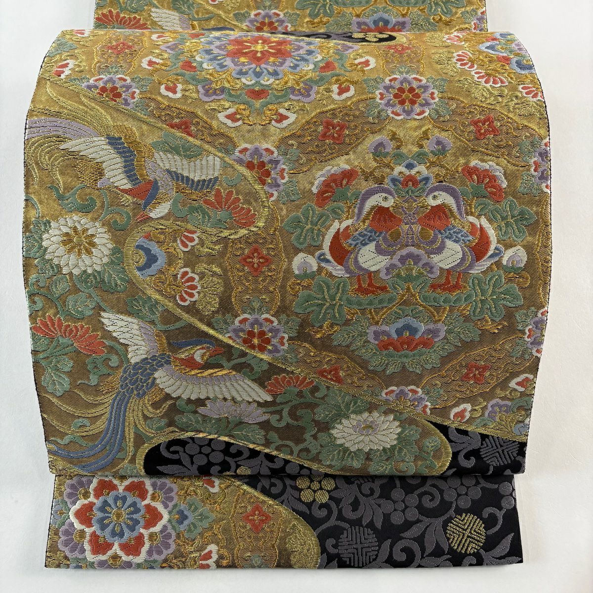 【美品】 袋帶 秀品級 華紋 向鳥 金絲 金金箔 金色 六通 純蠶絲