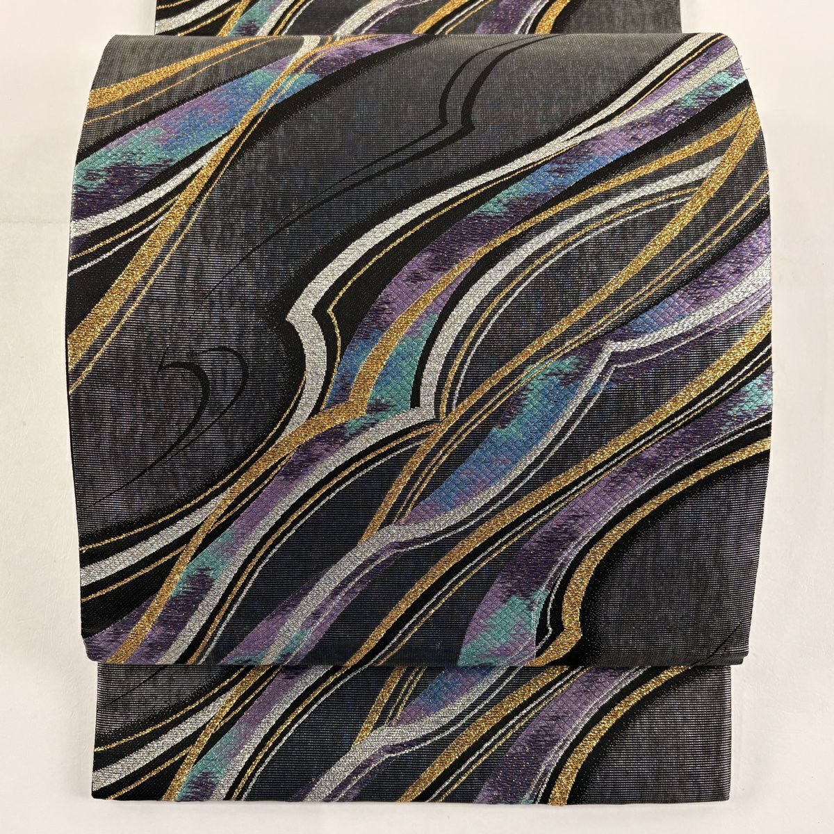 【美品】 袋帶 秀品級 幾何學 金金箔 銀絲 墨 深色 六通 純蠶絲
