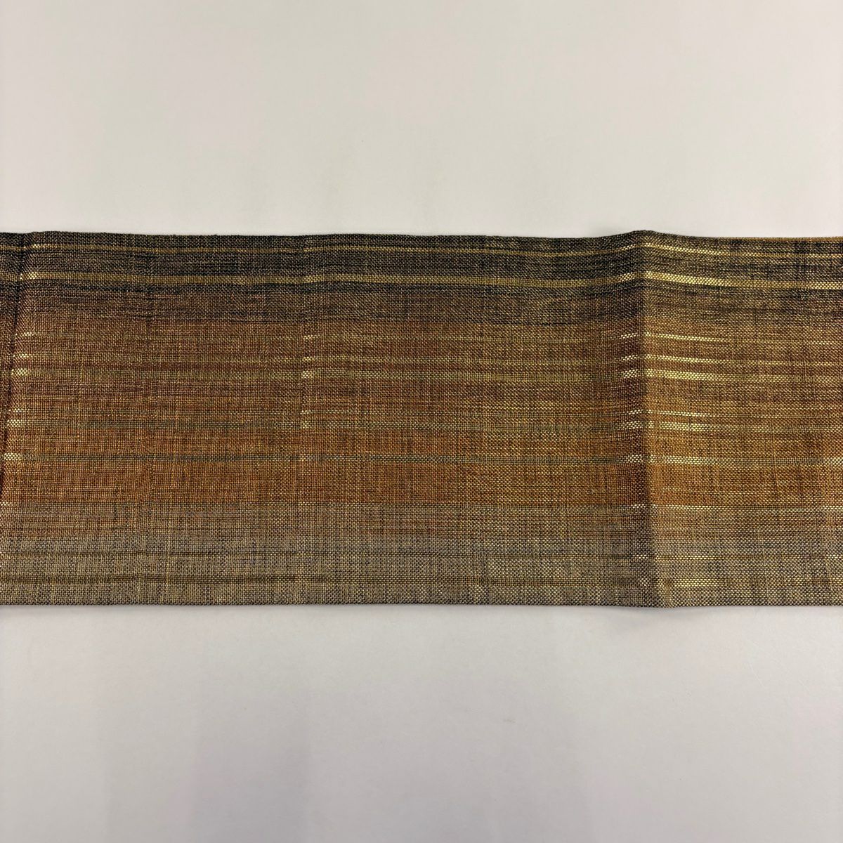 【美品】 袋帶 秀品級 縞 幾何學 金絲 山吹茶 紅帶圖案 純蠶絲