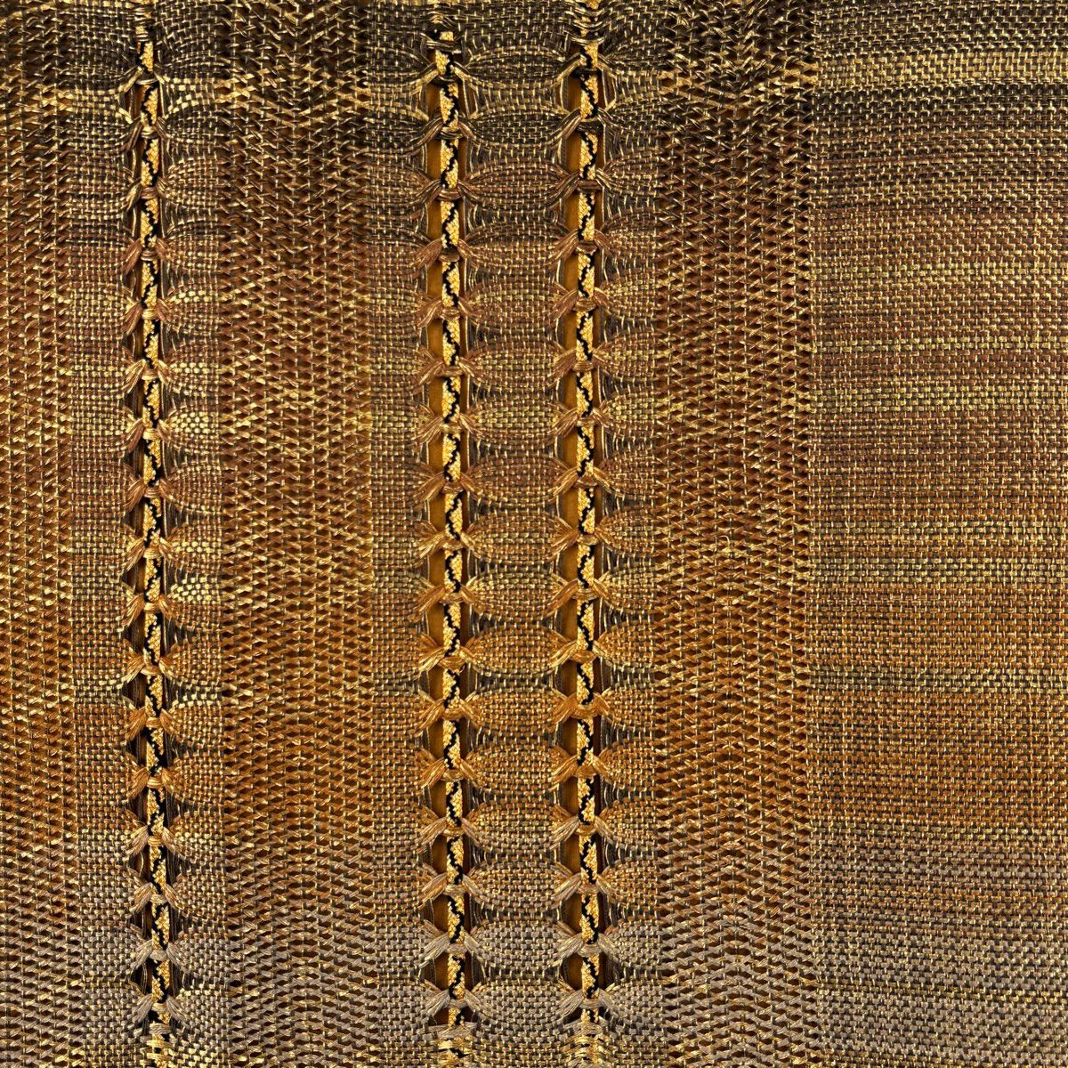 【美品】 袋帶 秀品級 縞 幾何學 金絲 山吹茶 紅帶圖案 純蠶絲