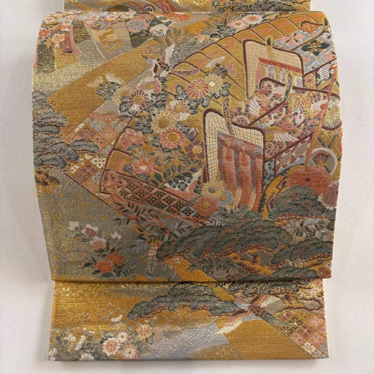 【美品】 袋帶 秀品級 御所車 檜扇子 金絲 金金箔 金色 全通 純蠶絲