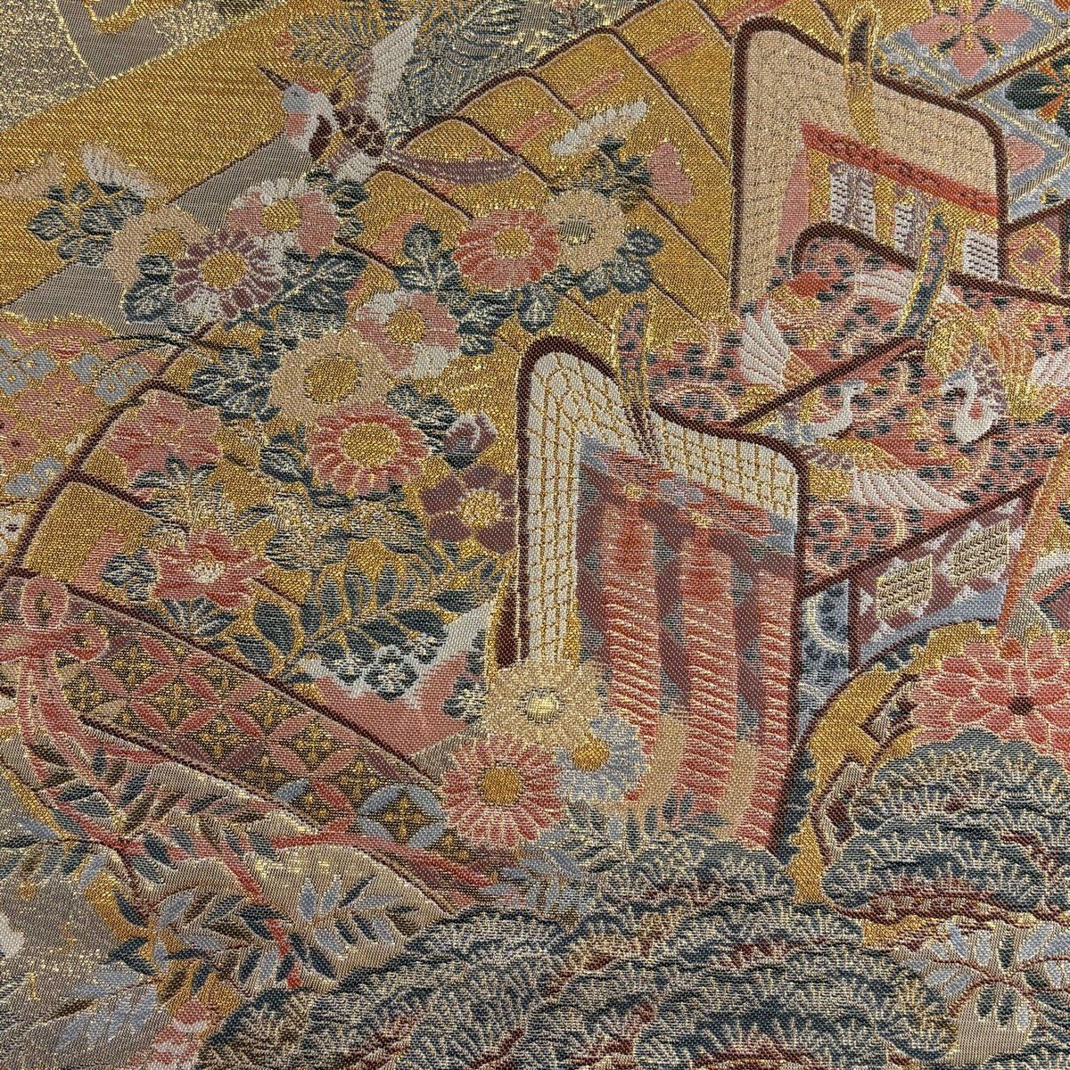 【美品】 袋帶 秀品級 御所車 檜扇子 金絲 金金箔 金色 全通 純蠶絲