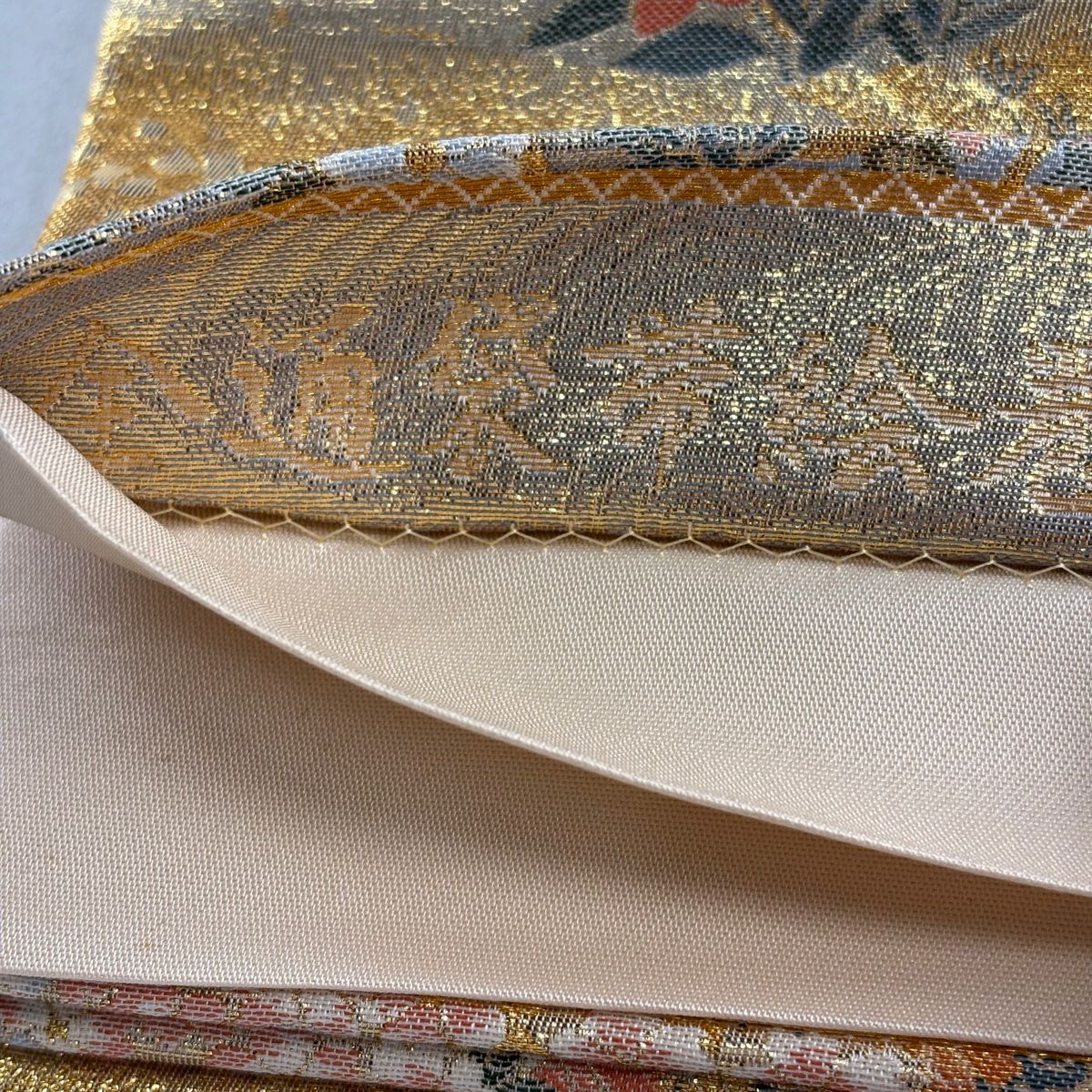 【美品】 袋帶 秀品級 御所車 檜扇子 金絲 金金箔 金色 全通 純蠶絲