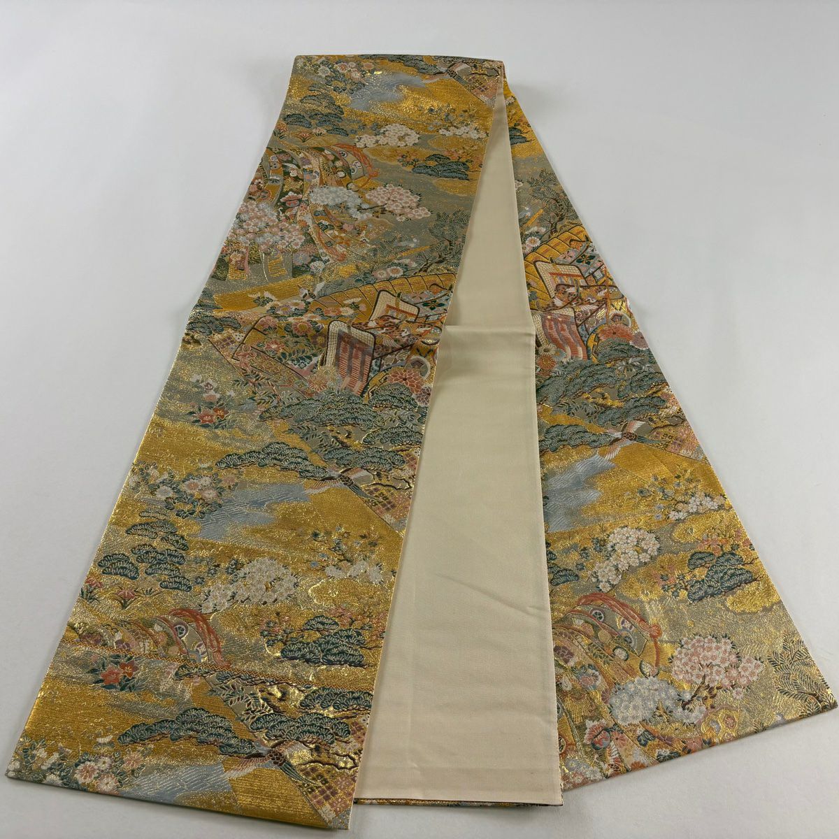 【美品】 袋帶 秀品級 御所車 檜扇子 金絲 金金箔 金色 全通 純蠶絲