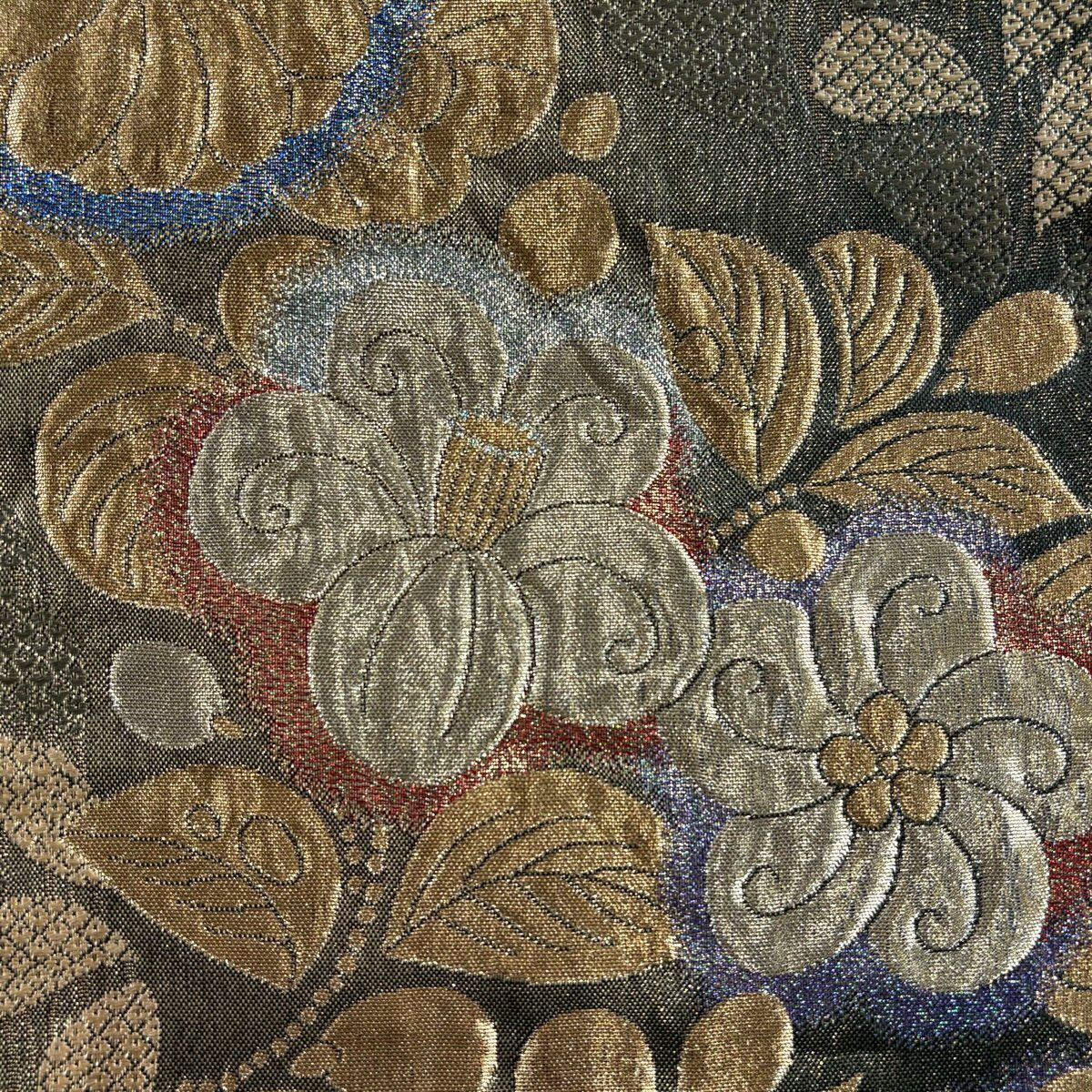 袋帶 秀品級 草花紋紋 花唐草紋 金絲 金金箔 金色 六通 純蠶絲