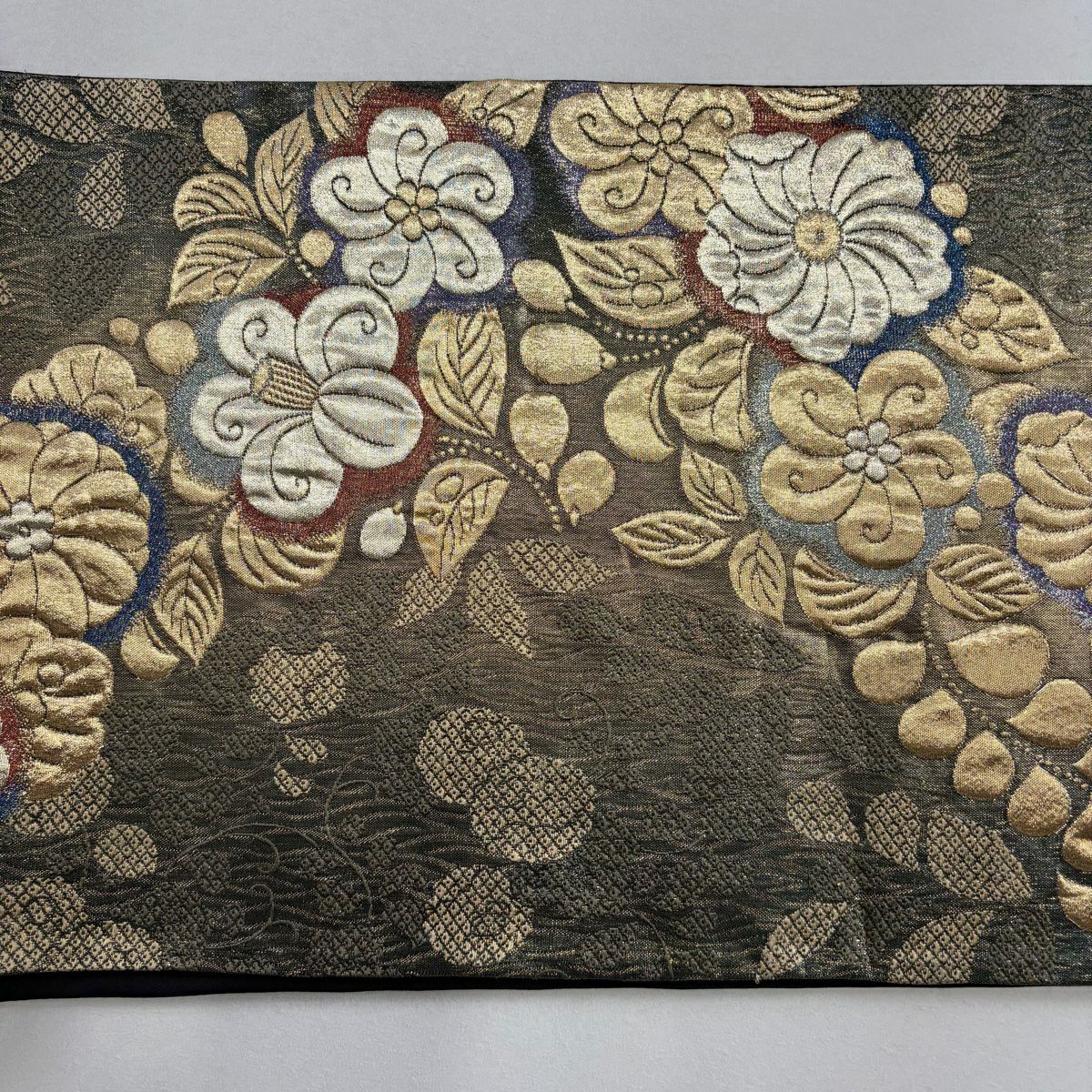 袋帶 秀品級 草花紋紋 花唐草紋 金絲 金金箔 金色 六通 純蠶絲