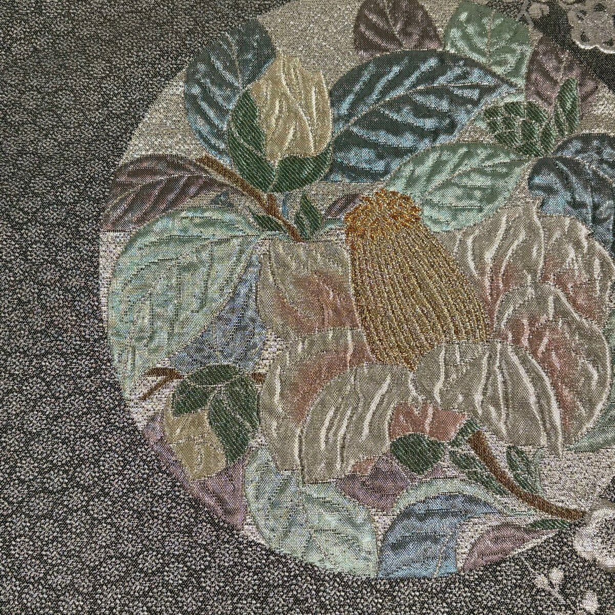 【美品】 袋帶 秀品級 椿 梅花 金銀彩 灰 深藍 六通 純蠶絲