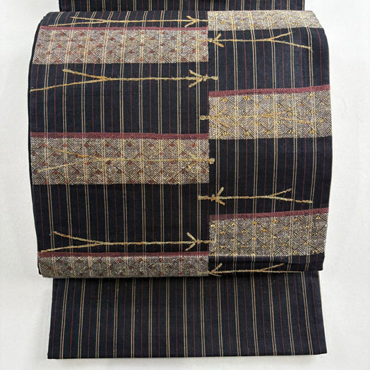 袋帶 秀品級 紬織織 縞 松樹葉 金絲 金通 墨 黑 お太鼓圖案 純蠶絲