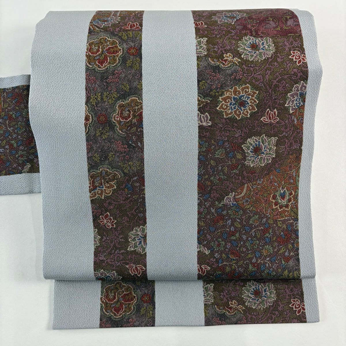 【美品】名古屋帶 秀品級 草花紋紋 鳥 縮緬 灰色 純蠶絲