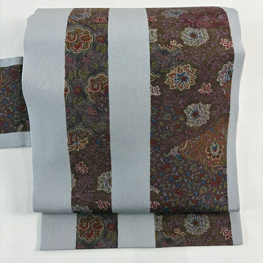【美品】名古屋帶 秀品級 草花紋紋 鳥 縮緬 灰色 純蠶絲