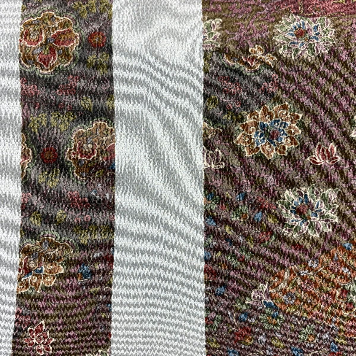 【美品】名古屋帶 秀品級 草花紋紋 鳥 縮緬 灰色 純蠶絲