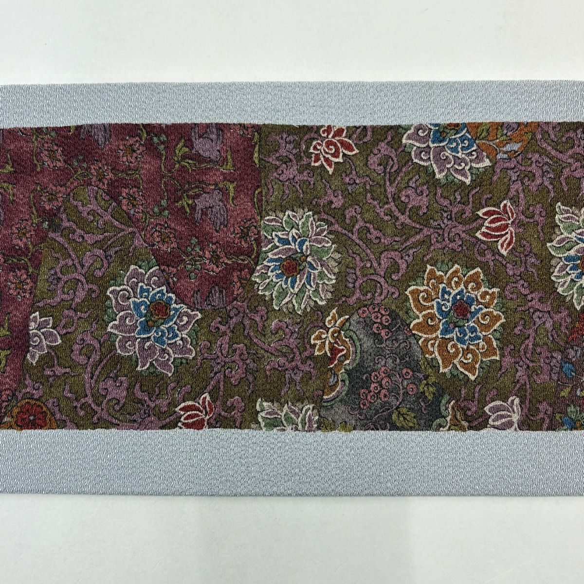 【美品】名古屋帶 秀品級 草花紋紋 鳥 縮緬 灰色 純蠶絲
