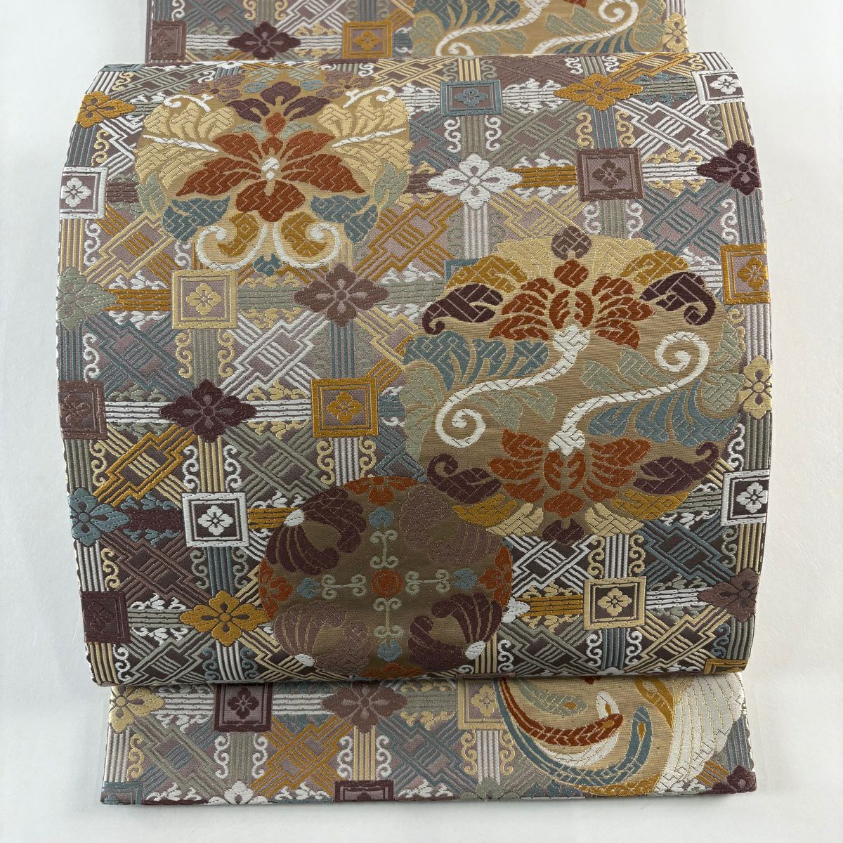 【美品】 袋帶 秀品級 鳥 花唐草紋 金金箔 灰紫 六通 純蠶絲