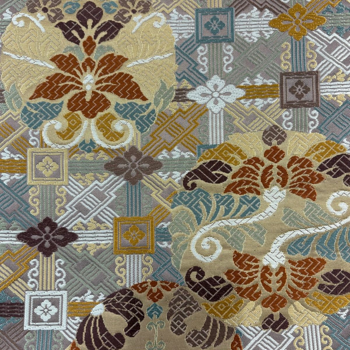 【美品】 袋帶 秀品級 鳥 花唐草紋 金金箔 灰紫 六通 純蠶絲
