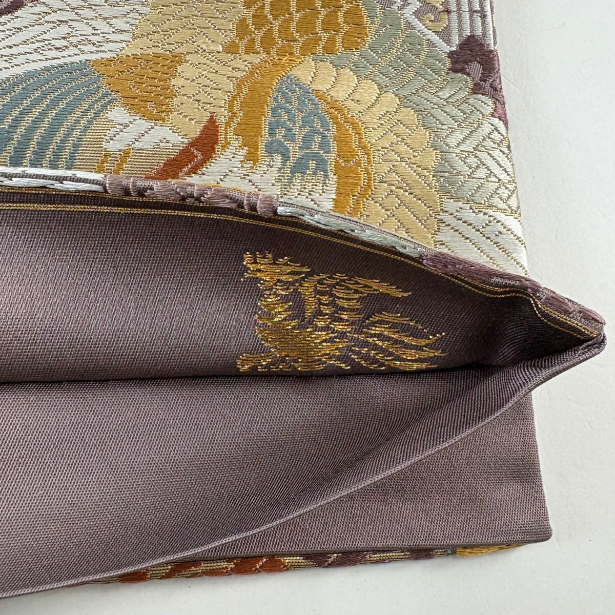 【美品】 袋帶 秀品級 鳥 花唐草紋 金金箔 灰紫 六通 純蠶絲