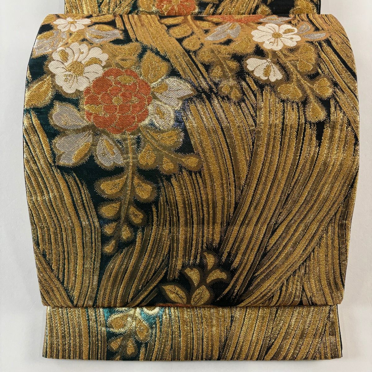 【美品】 袋帶 秀品級 振袖禮服禮服用 草花紋 金銀彩 金金箔 金色 六通 純蠶絲
