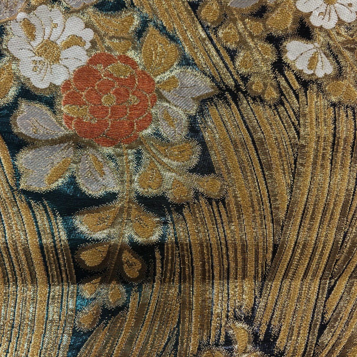 【美品】 袋帶 秀品級 振袖禮服禮服用 草花紋 金銀彩 金金箔 金色 六通 純蠶絲