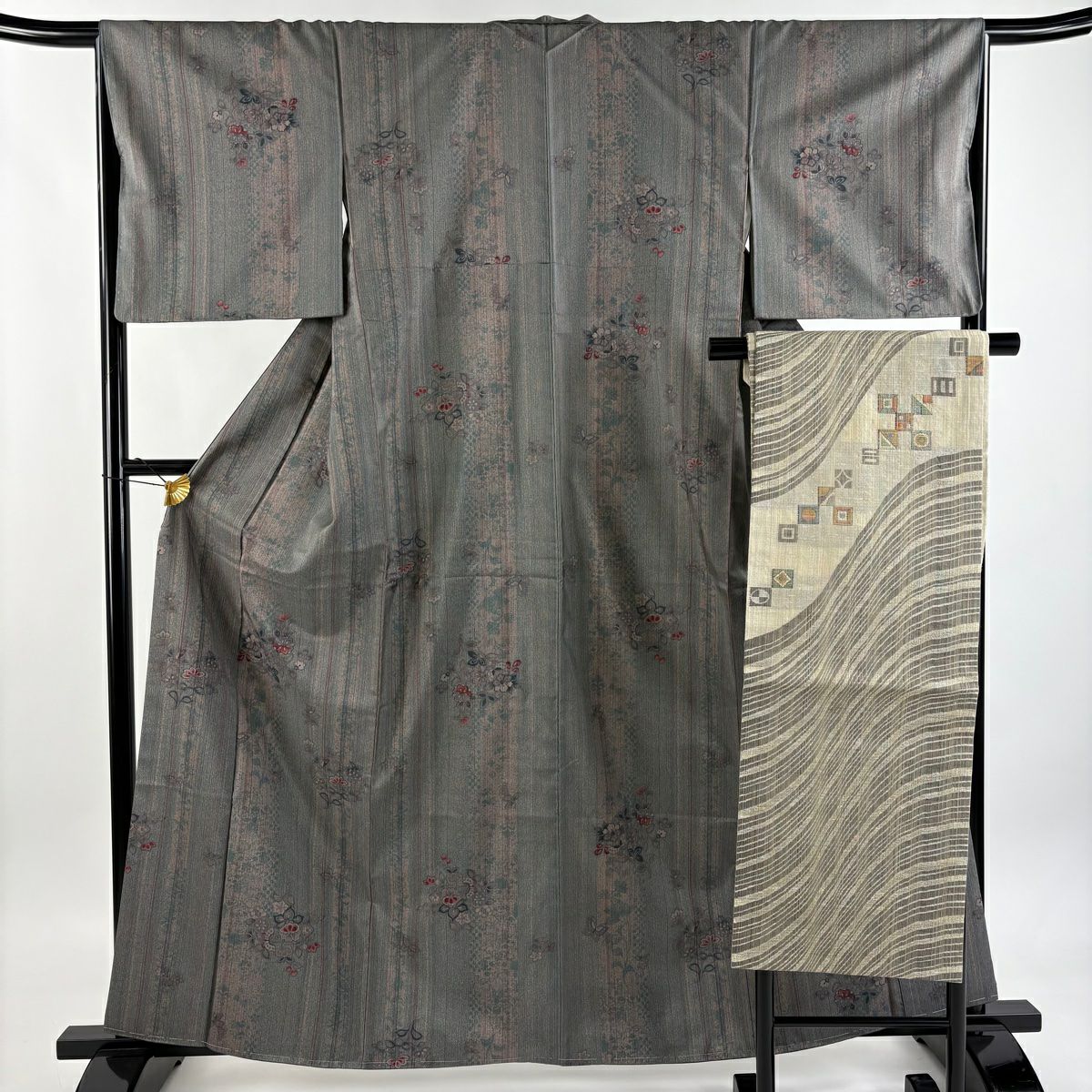 【美品】 小紋 身長162.5cm 袖長66cm M 雙層 名古屋帶套裝 紬織織 花唐草紋 縞 灰綠 純蠶絲 秀品級