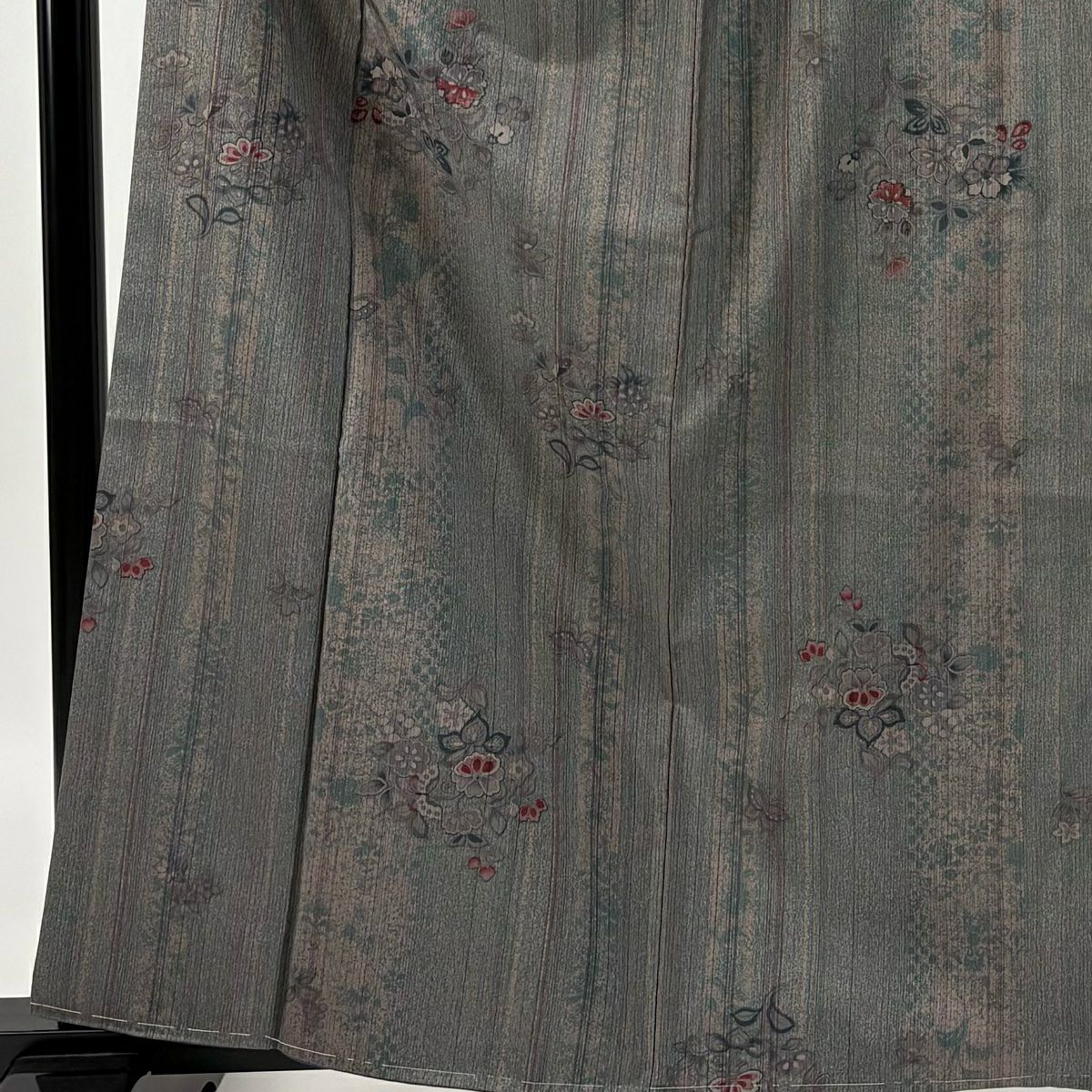 【美品】 小紋 身長162.5cm 袖長66cm M 雙層 名古屋帶套裝 紬織織 花唐草紋 縞 灰綠 純蠶絲 秀品級