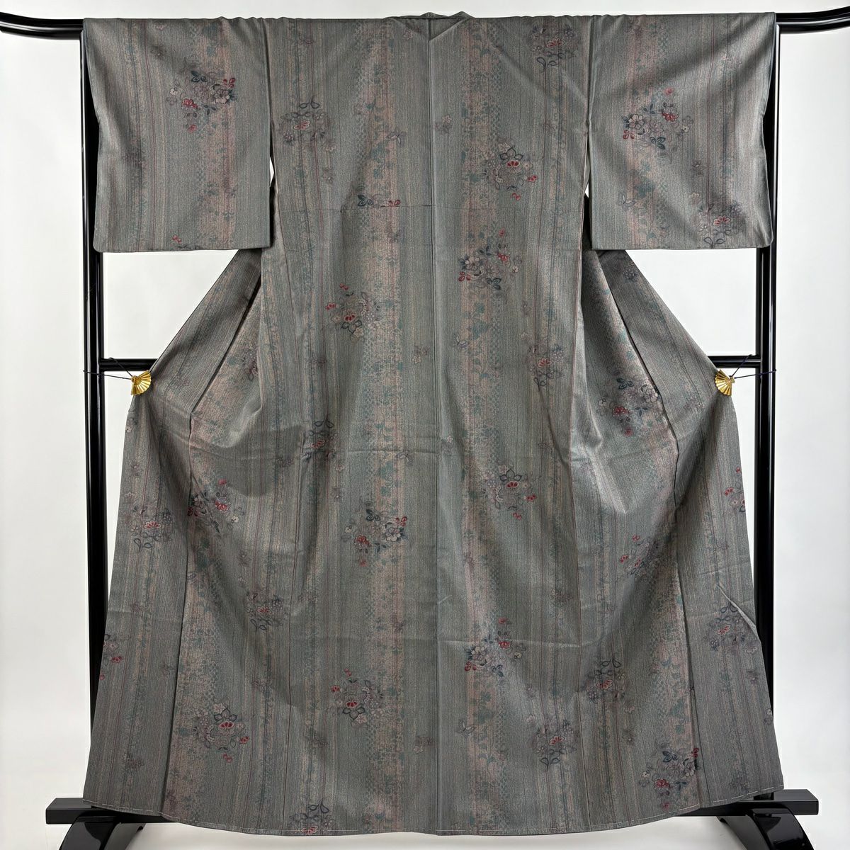 【美品】 小紋 身長162.5cm 袖長66cm M 雙層 名古屋帶套裝 紬織織 花唐草紋 縞 灰綠 純蠶絲 秀品級