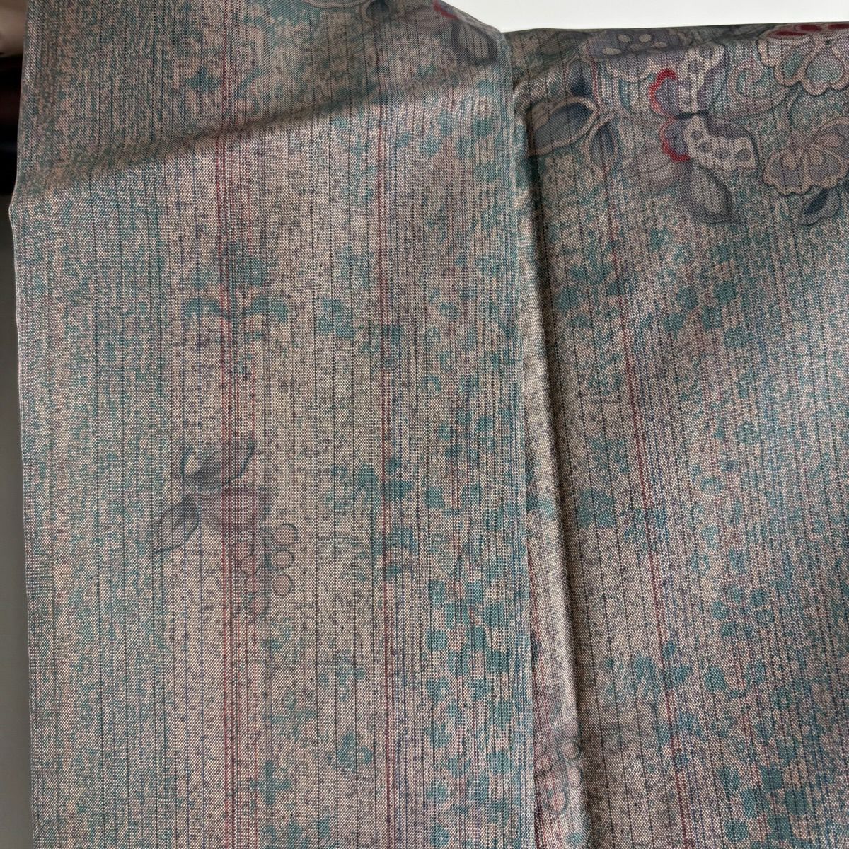 【美品】 小紋 身長162.5cm 袖長66cm M 雙層 名古屋帶套裝 紬織織 花唐草紋 縞 灰綠 純蠶絲 秀品級