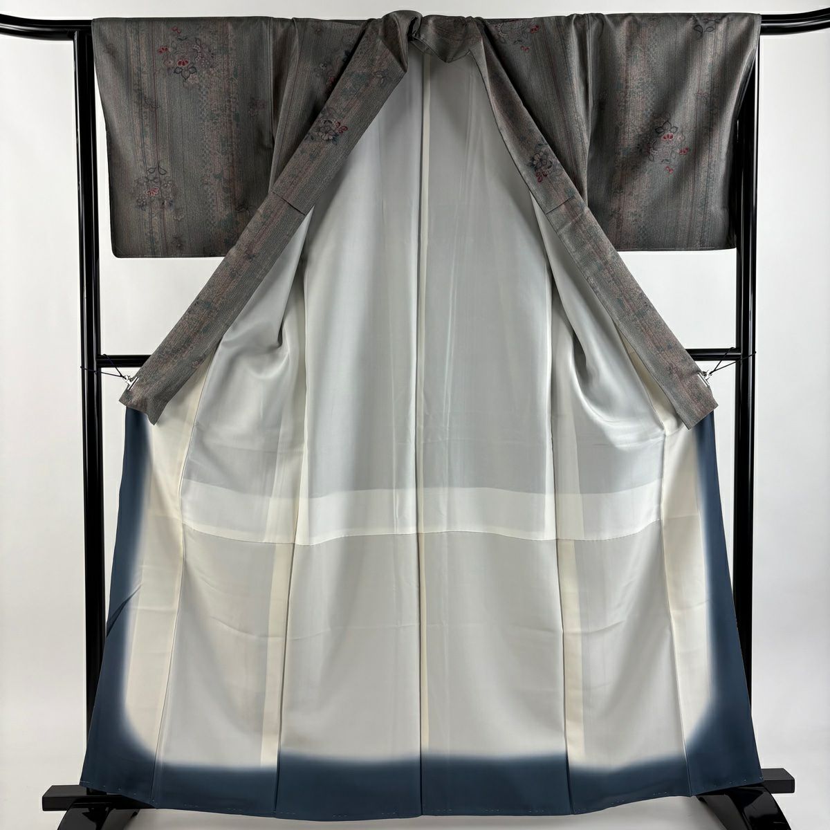 【美品】 小紋 身長162.5cm 袖長66cm M 雙層 名古屋帶套裝 紬織織 花唐草紋 縞 灰綠 純蠶絲 秀品級