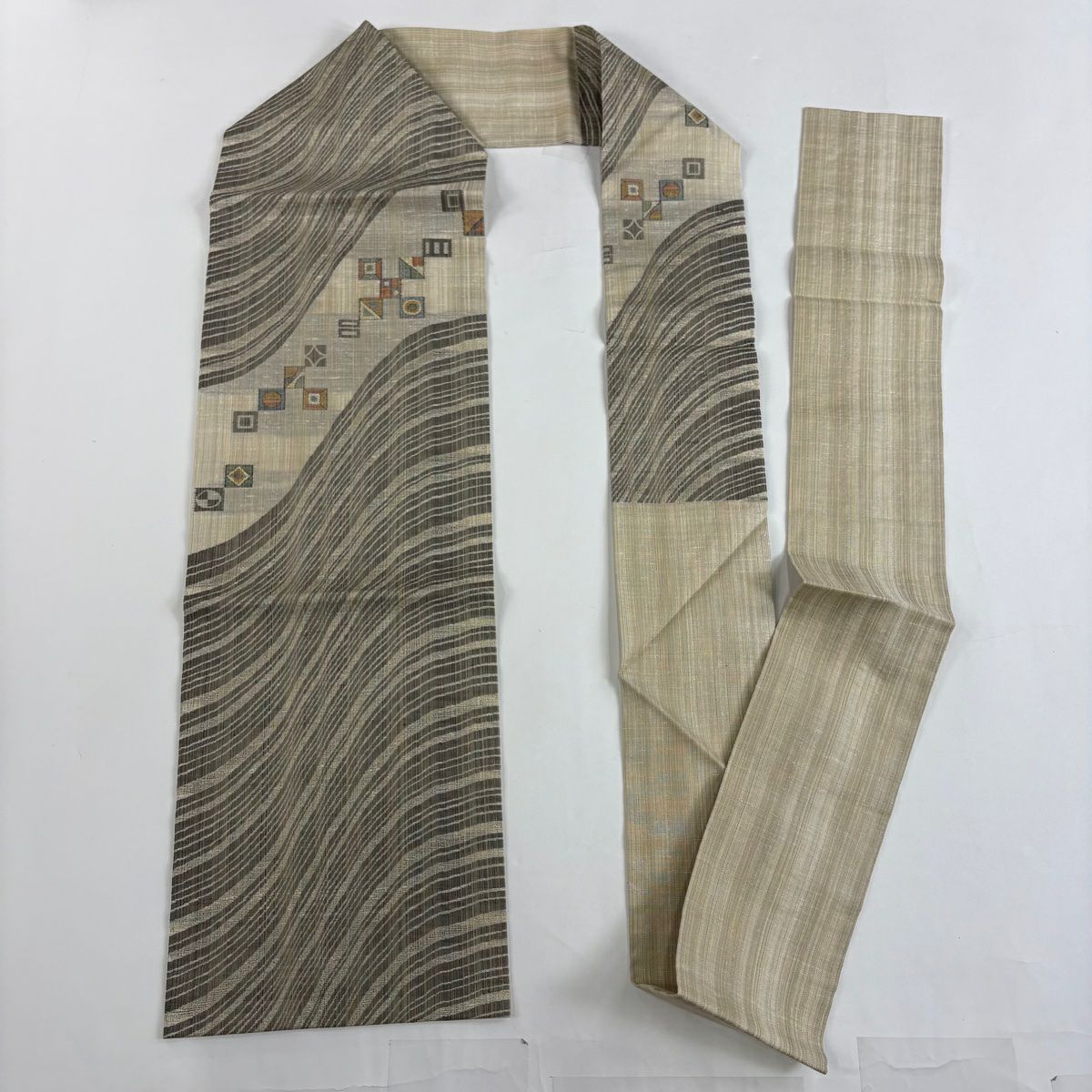 【美品】 小紋 身長162.5cm 袖長66cm M 雙層 名古屋帶套裝 紬織織 花唐草紋 縞 灰綠 純蠶絲 秀品級