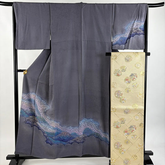 訪問服 身長157cm 袖長65.5cm M 雙層 袋帶套裝 落款有 雲紋 松樹樹 絞染 漸層 灰紫 純蠶絲 優品級