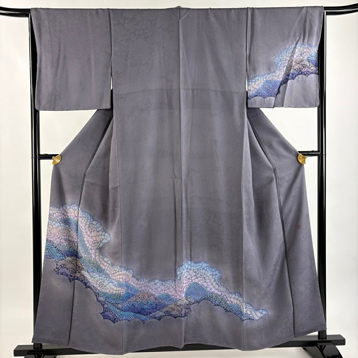 訪問服 身長157cm 袖長65.5cm M 雙層 袋帶套裝 落款有 雲紋 松樹樹 絞染 漸層 灰紫 純蠶絲 優品級