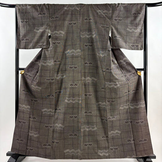 紬織 身長162cm 袖長65cm M 雙層 幾何學圖案 焦茶 純蠶絲 優品級