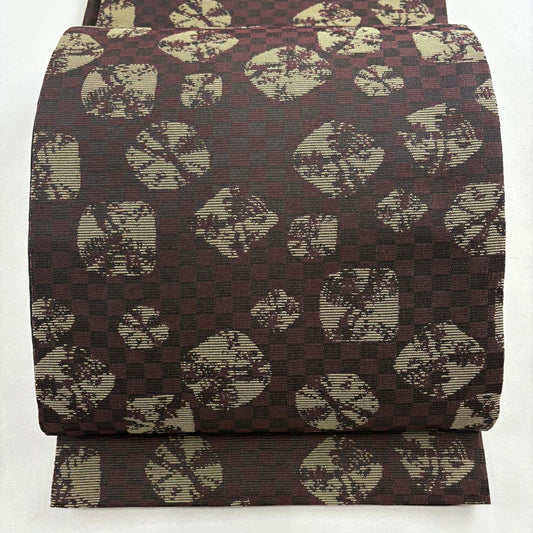 【美品】 袋帶 名古屋帶 優品級 市松樹 幾何學 紅茶 化纖