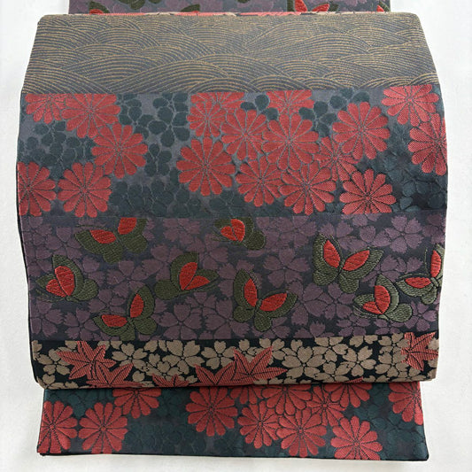 【美品】 袋帶 名古屋帶 優品級 櫻花 蝴蝶 墨色 化纖