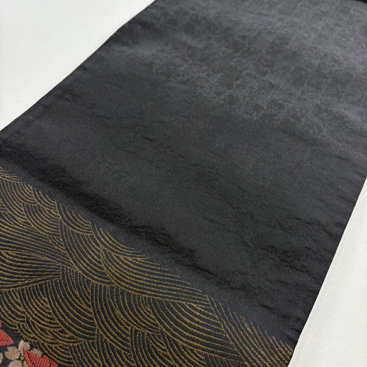 【美品】 袋帶 名古屋帶 優品級 櫻花 蝴蝶 墨色 化纖