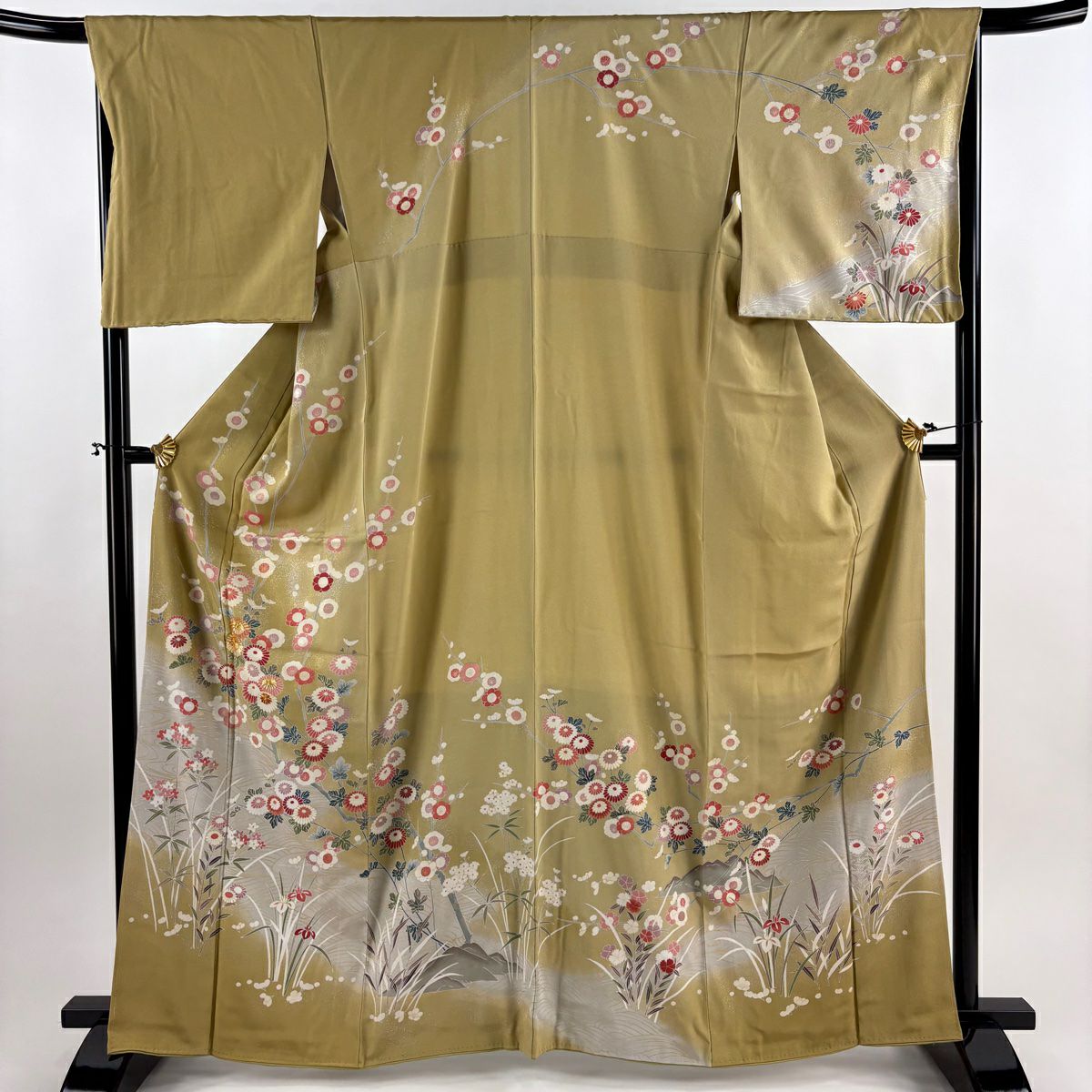 【美品】訪問服 身長165cm 袖長67cm M 雙層 枝梅花 菊花 金銀彩 抹茶 純蠶絲 秀品級
