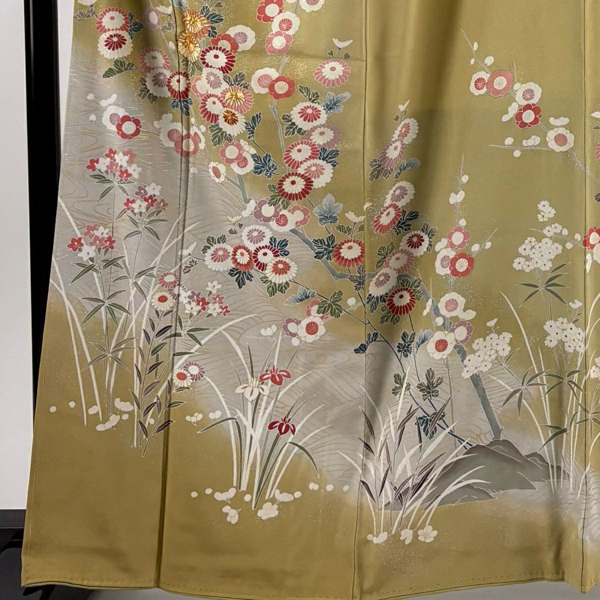 【美品】訪問服 身長165cm 袖長67cm M 雙層 枝梅花 菊花 金銀彩 抹茶 純蠶絲 秀品級