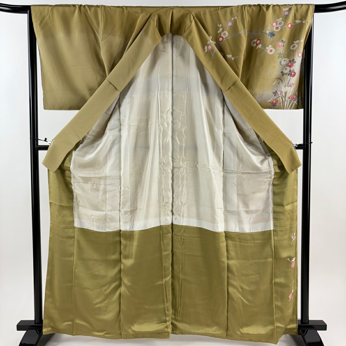 【美品】訪問服 身長165cm 袖長67cm M 雙層 枝梅花 菊花 金銀彩 抹茶 純蠶絲 秀品級