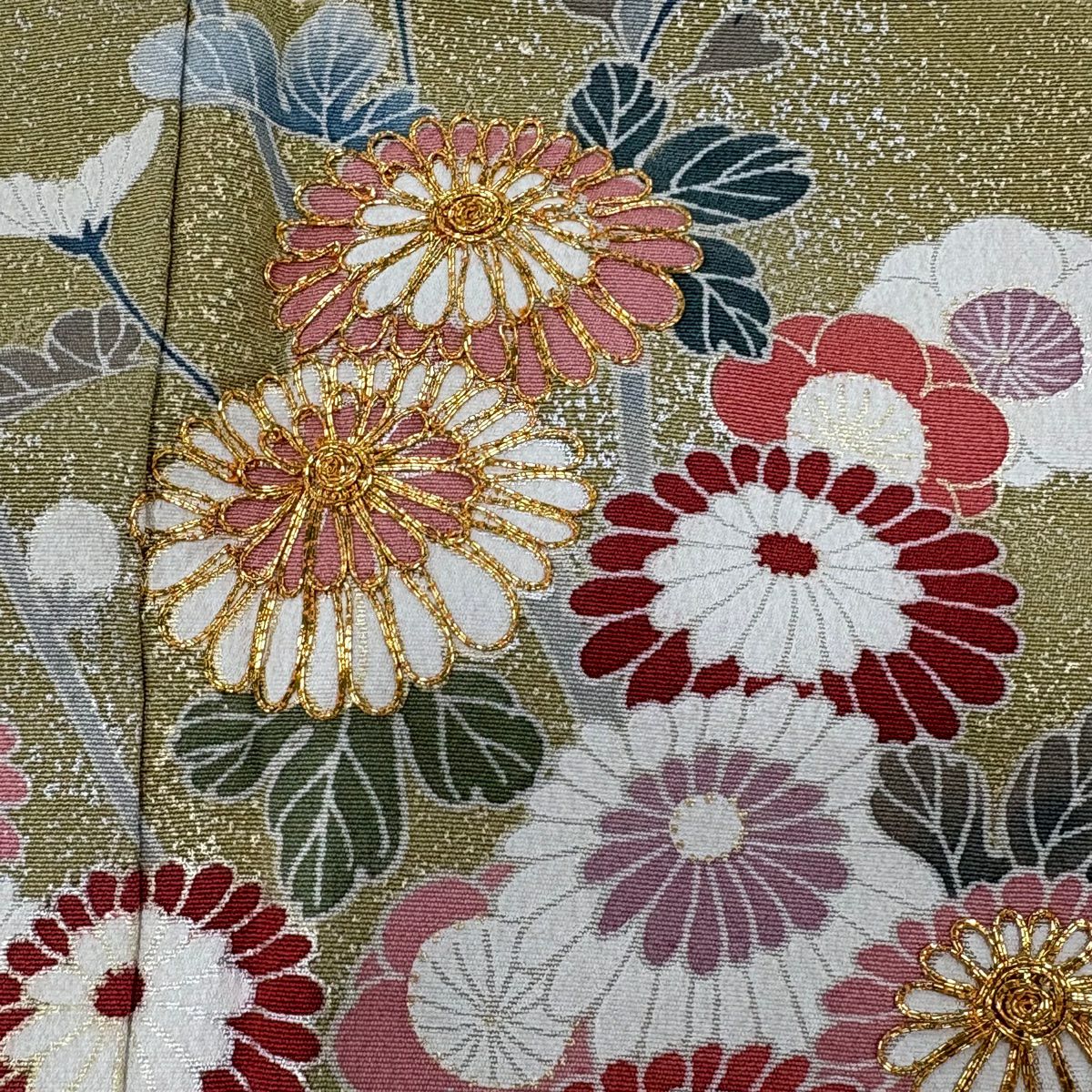 【美品】訪問服 身長165cm 袖長67cm M 雙層 枝梅花 菊花 金銀彩 抹茶 純蠶絲 秀品級
