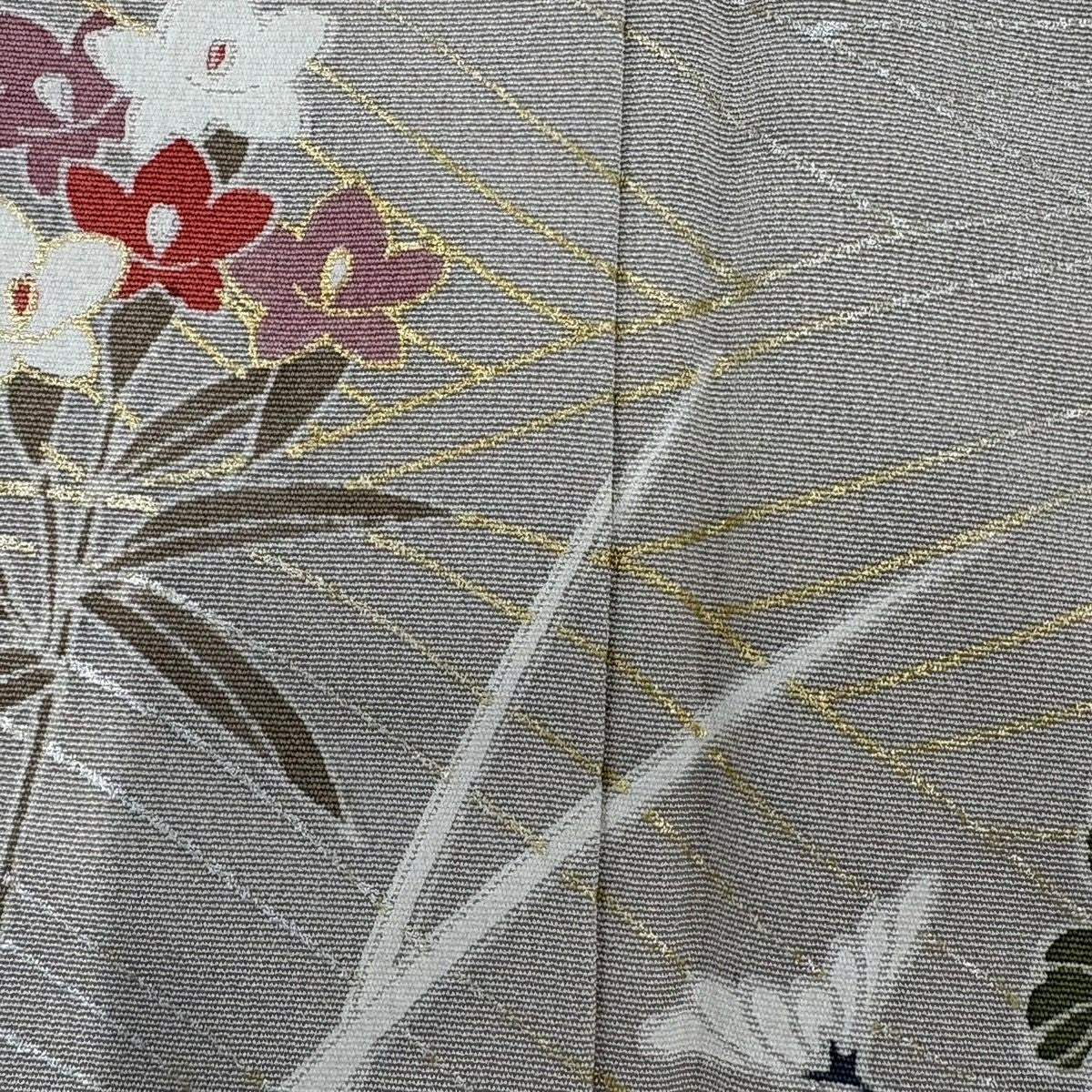 【美品】訪問服 身長165cm 袖長67cm M 雙層 枝梅花 菊花 金銀彩 抹茶 純蠶絲 秀品級
