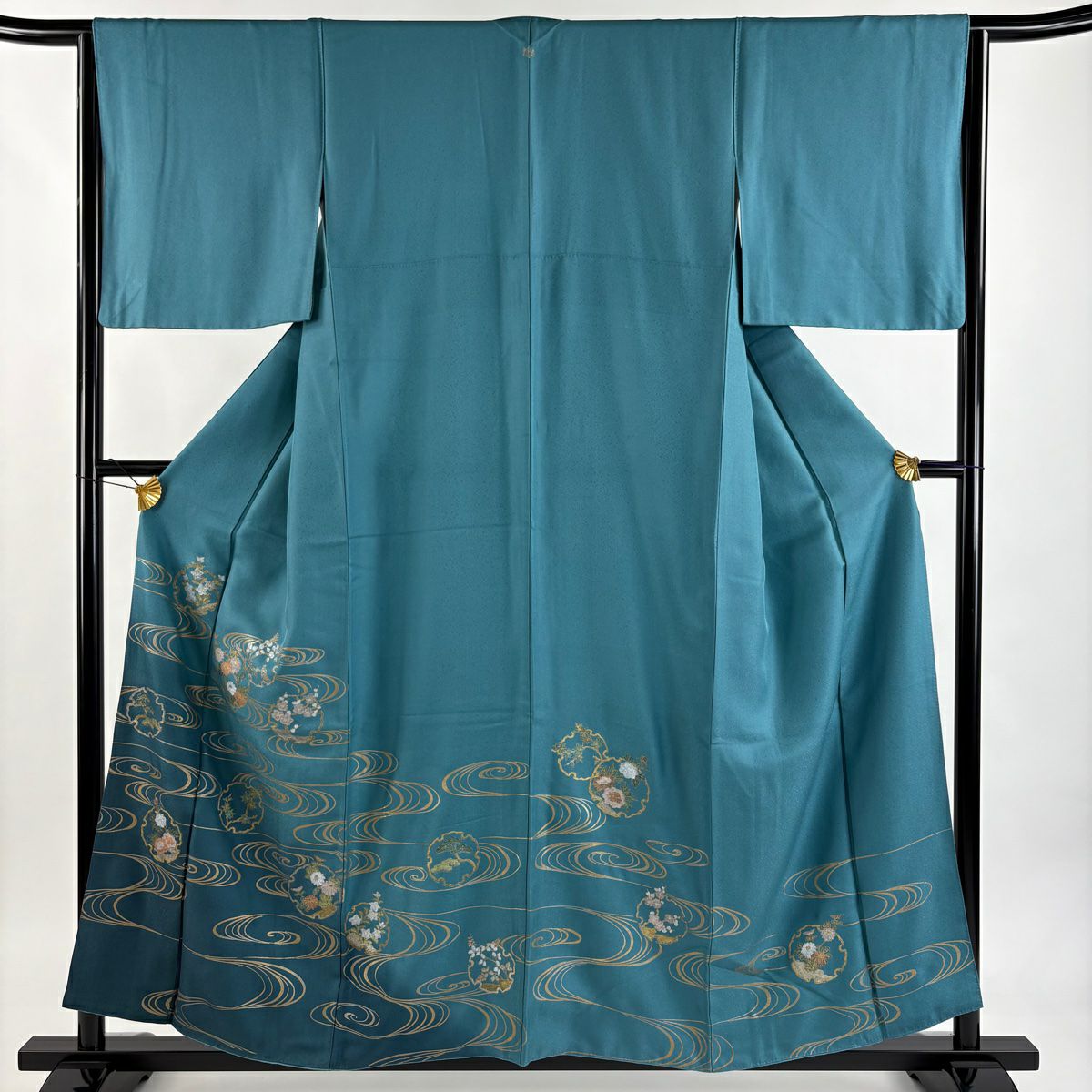 訪問服 身長158cm 袖長64cm M 雙層 草花紋紋 流水 金銀彩 漸層 青綠 純蠶絲 秀品級 一個紋