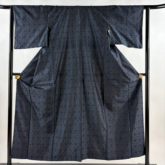 紬織 身長153cm 袖長63cm S 雙層 花 深藍 純蠶絲 優品級